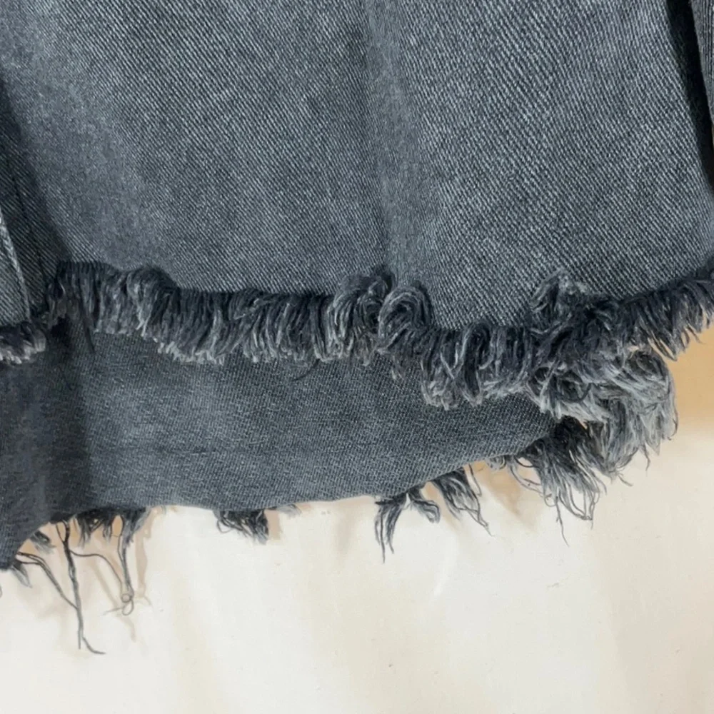 POL Oversized Gray Stone Washed Denim, white star distressed frayed hem Shacket